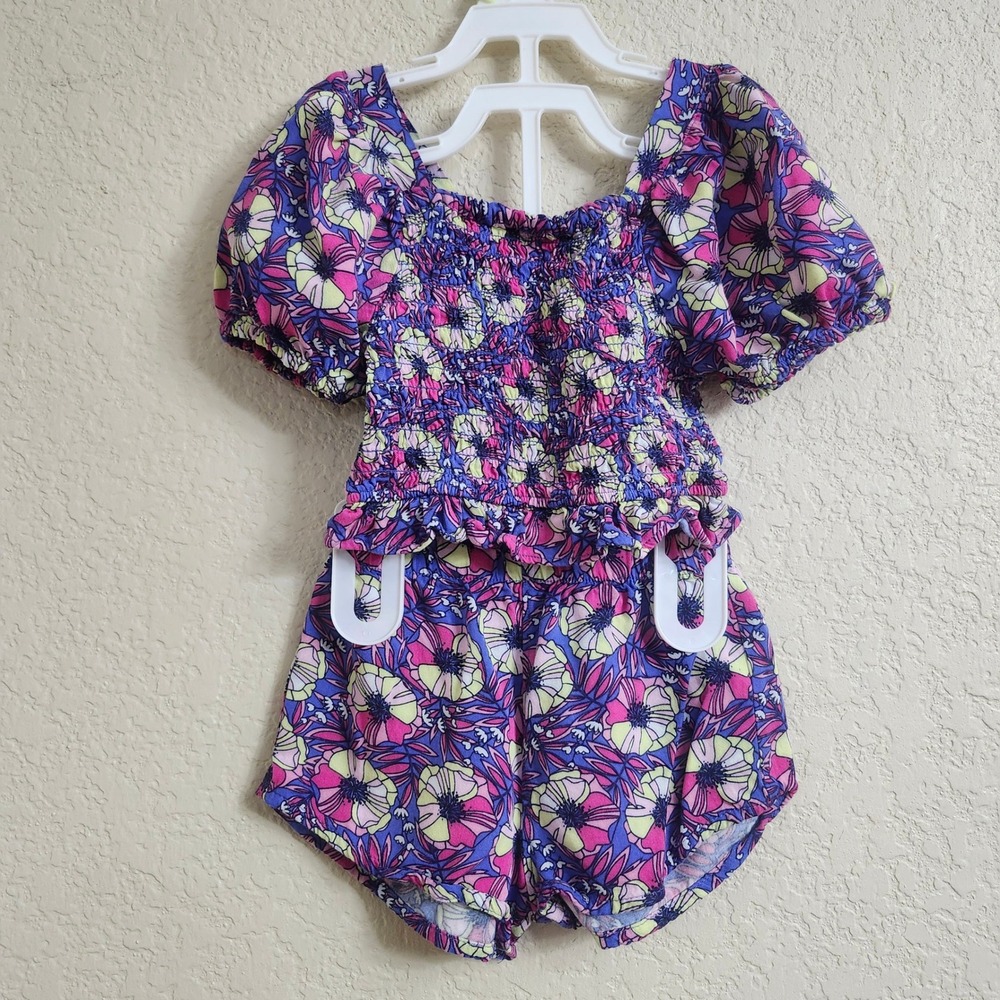 Vince Camuto Size 24M Girls Purple Floral Smocked Top Shorts 2 Pc Set‎ Tropical